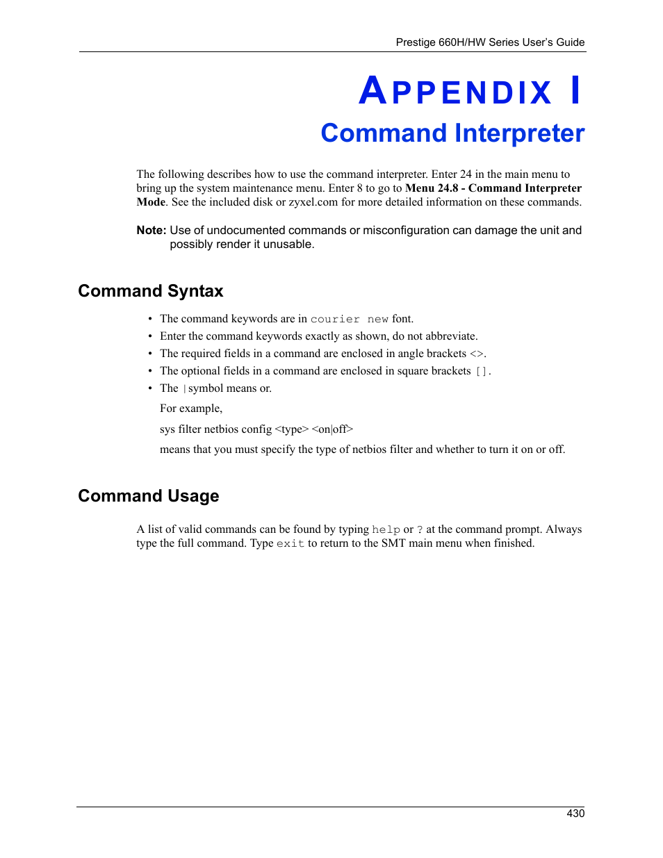 Command interpreter, Command syntax, Command usage | Appendix i command interpreter, Command syntax command usage | ZyXEL Communications 660HW Series User Manual | Page 431 / 460