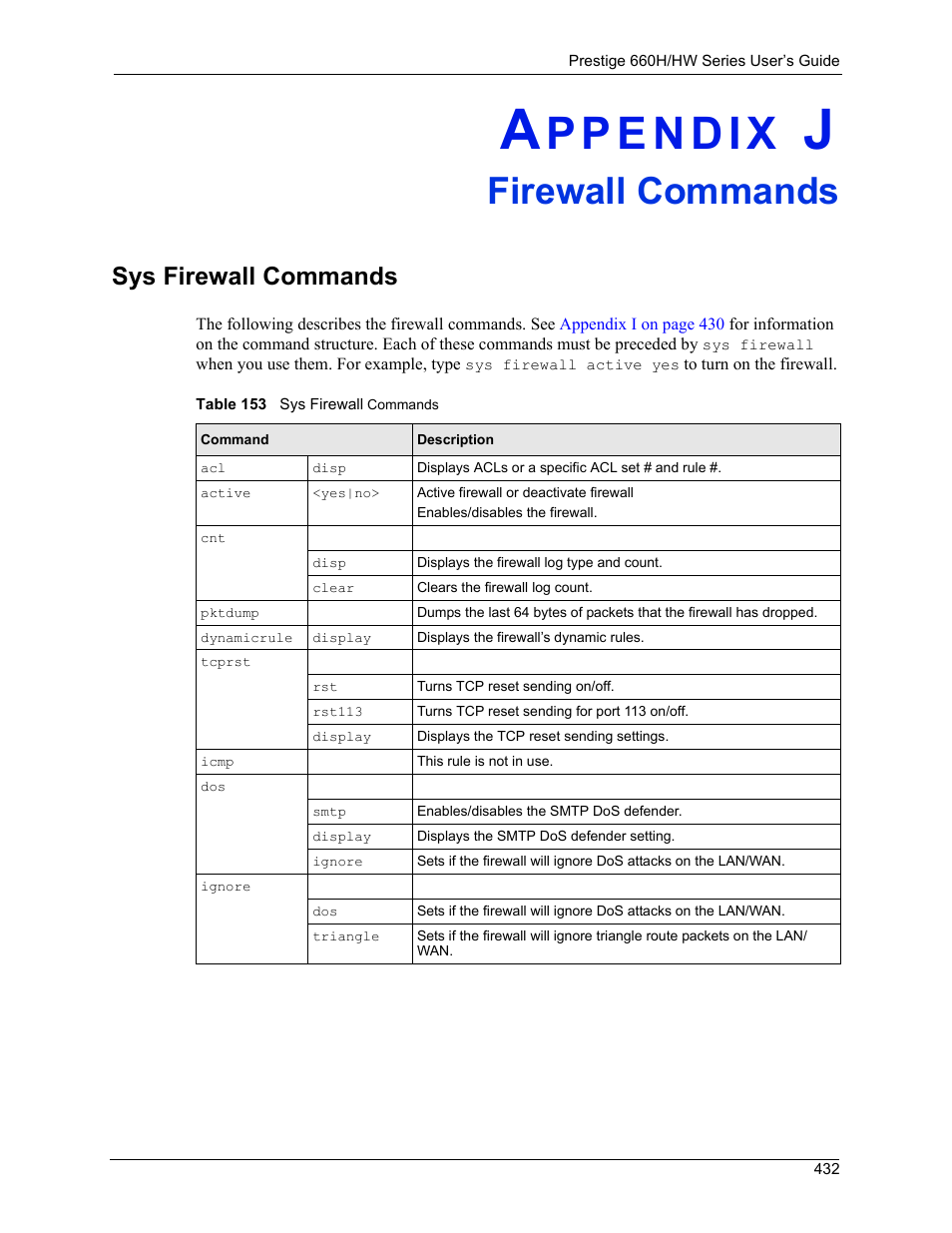 Firewall commands, Sys firewall commands, Appendix j firewall commands | Table 153 sys firewall commands | ZyXEL Communications 660HW Series User Manual | Page 433 / 460