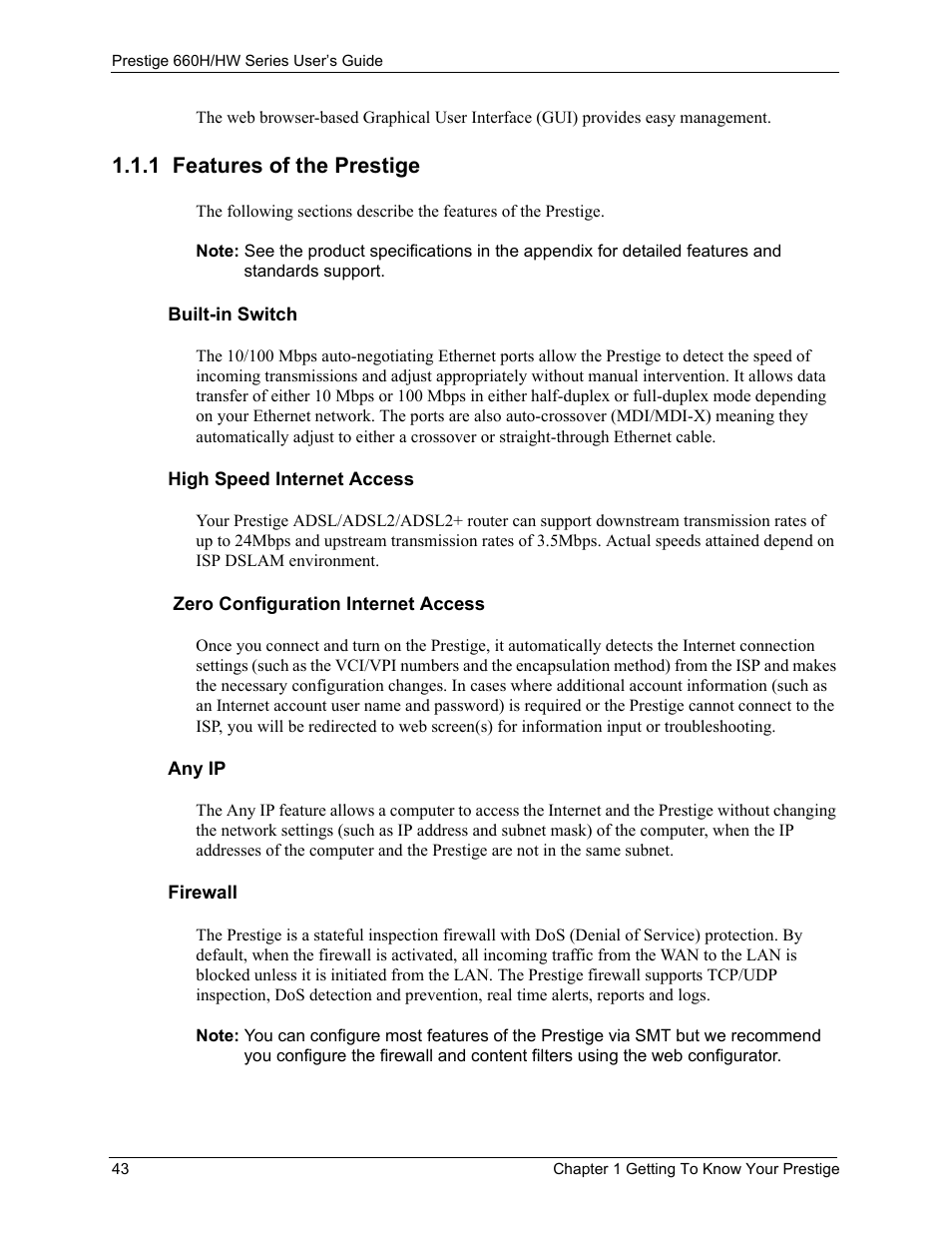 1 features of the prestige | ZyXEL Communications 660HW Series User Manual | Page 44 / 460