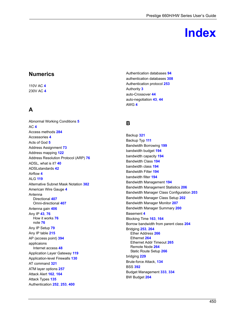 Index, Numerics | ZyXEL Communications 660HW Series User Manual | Page 451 / 460