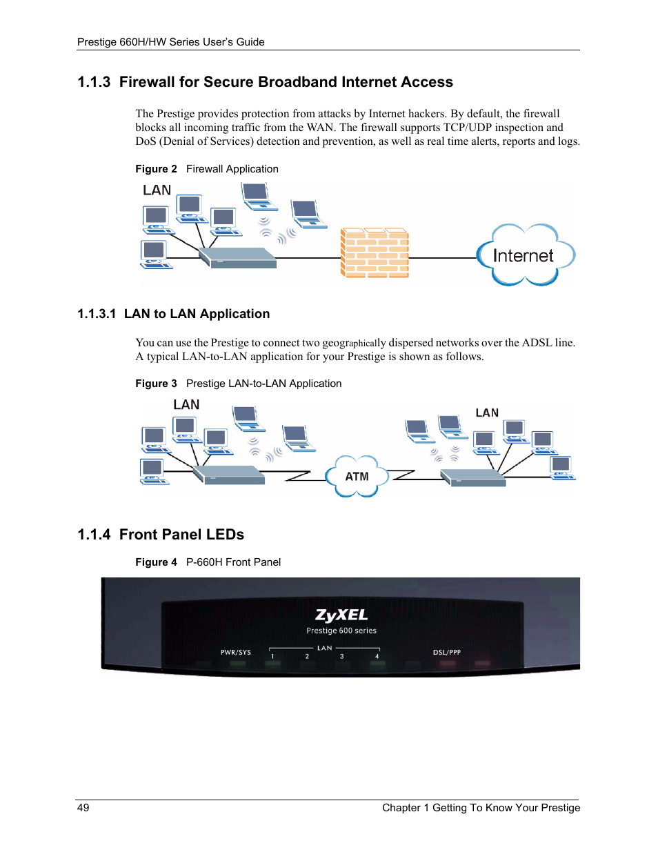 3 firewall for secure broadband internet access, 1 lan to lan application, 4 front panel leds | ZyXEL Communications 660HW Series User Manual | Page 50 / 460