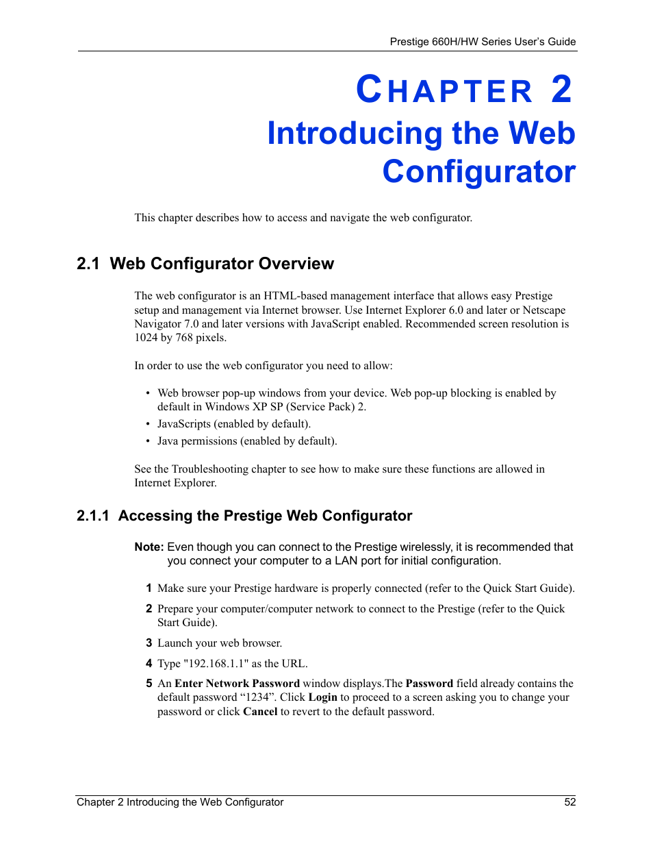 Introducing the web configurator, 1 web configurator overview, 1 accessing the prestige web configurator | Chapter 2 introducing the web configurator | ZyXEL Communications 660HW Series User Manual | Page 53 / 460