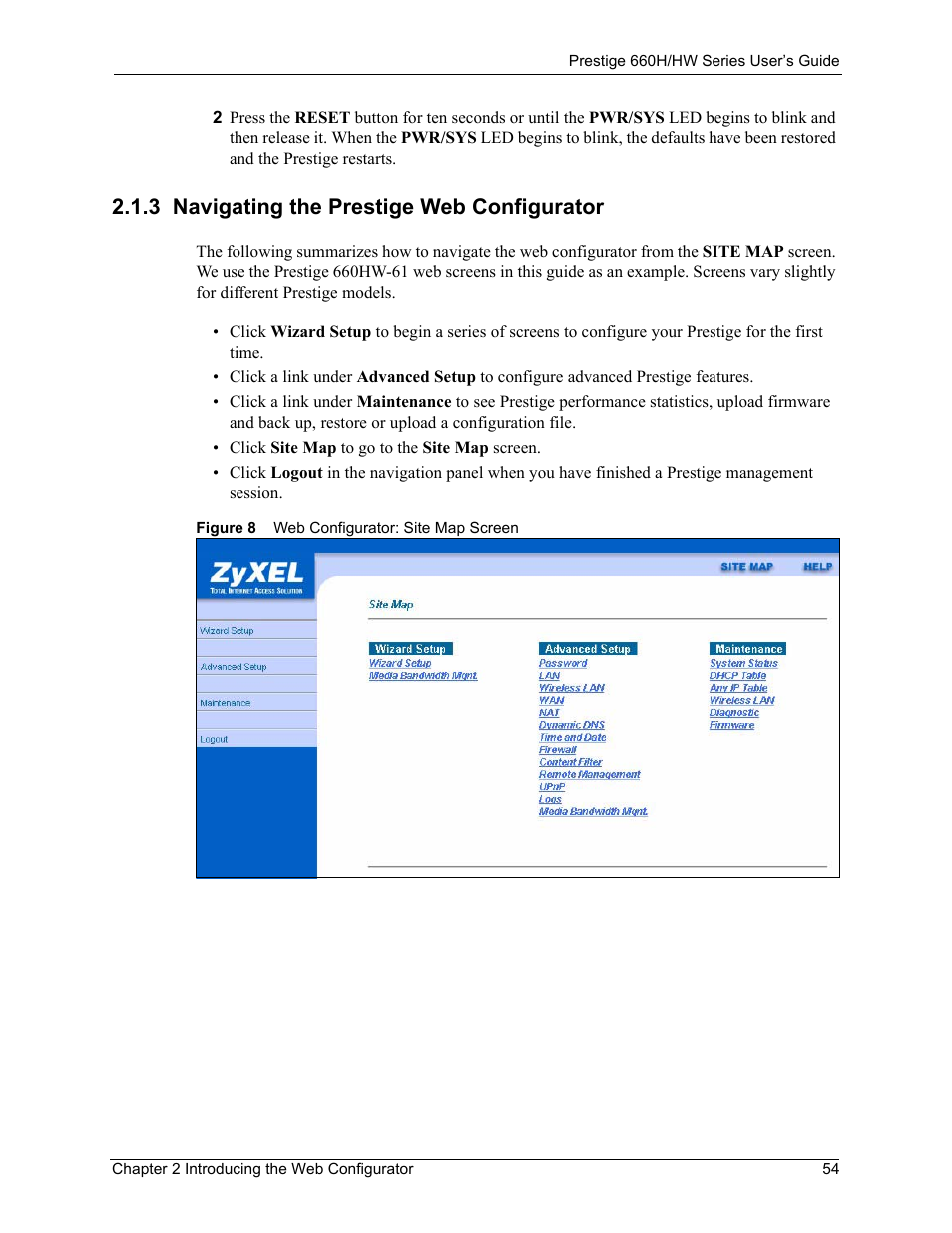 3 navigating the prestige web configurator, Figure 8 web configurator: site map screen | ZyXEL Communications 660HW Series User Manual | Page 55 / 460