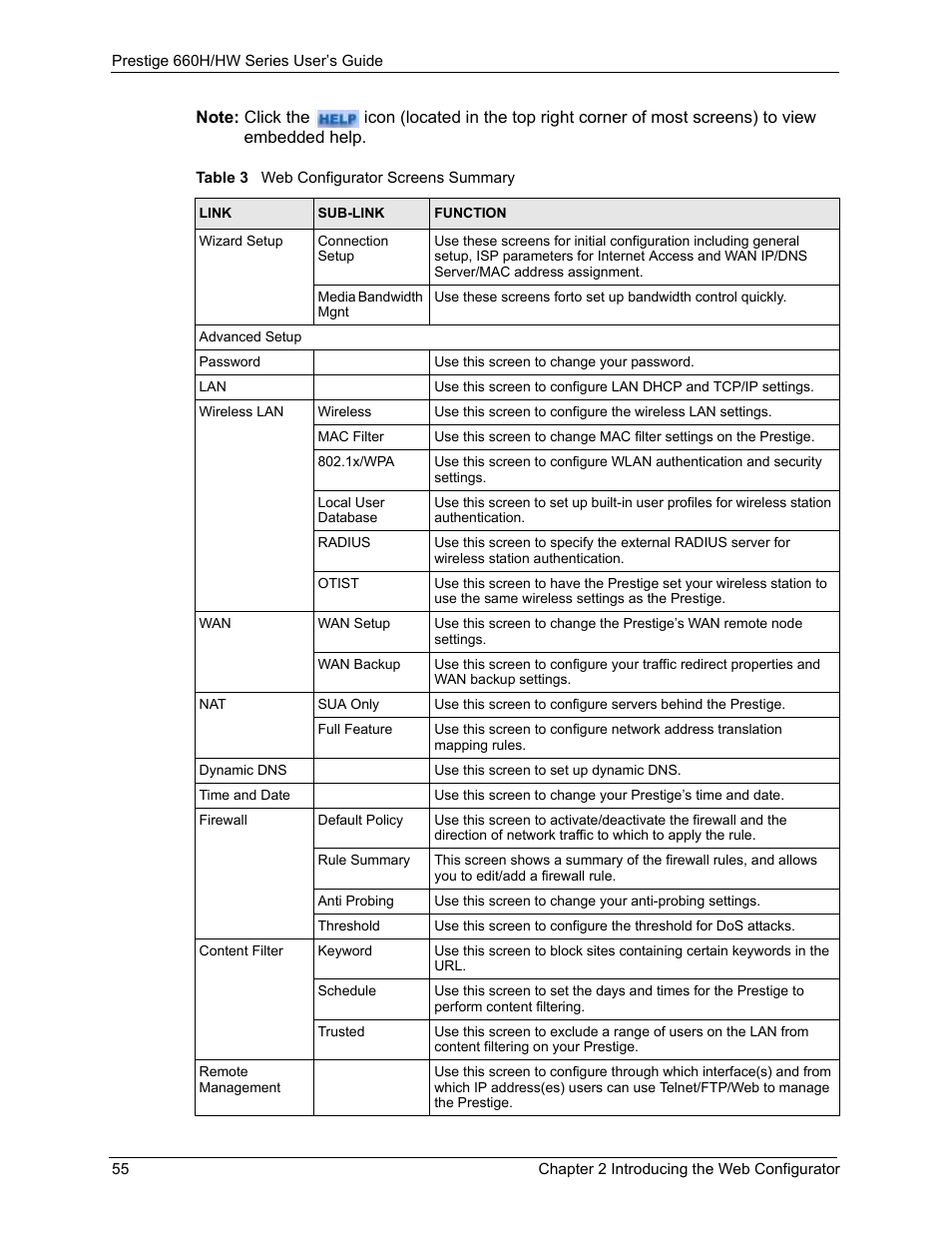 Table 3 web configurator screens summary | ZyXEL Communications 660HW Series User Manual | Page 56 / 460