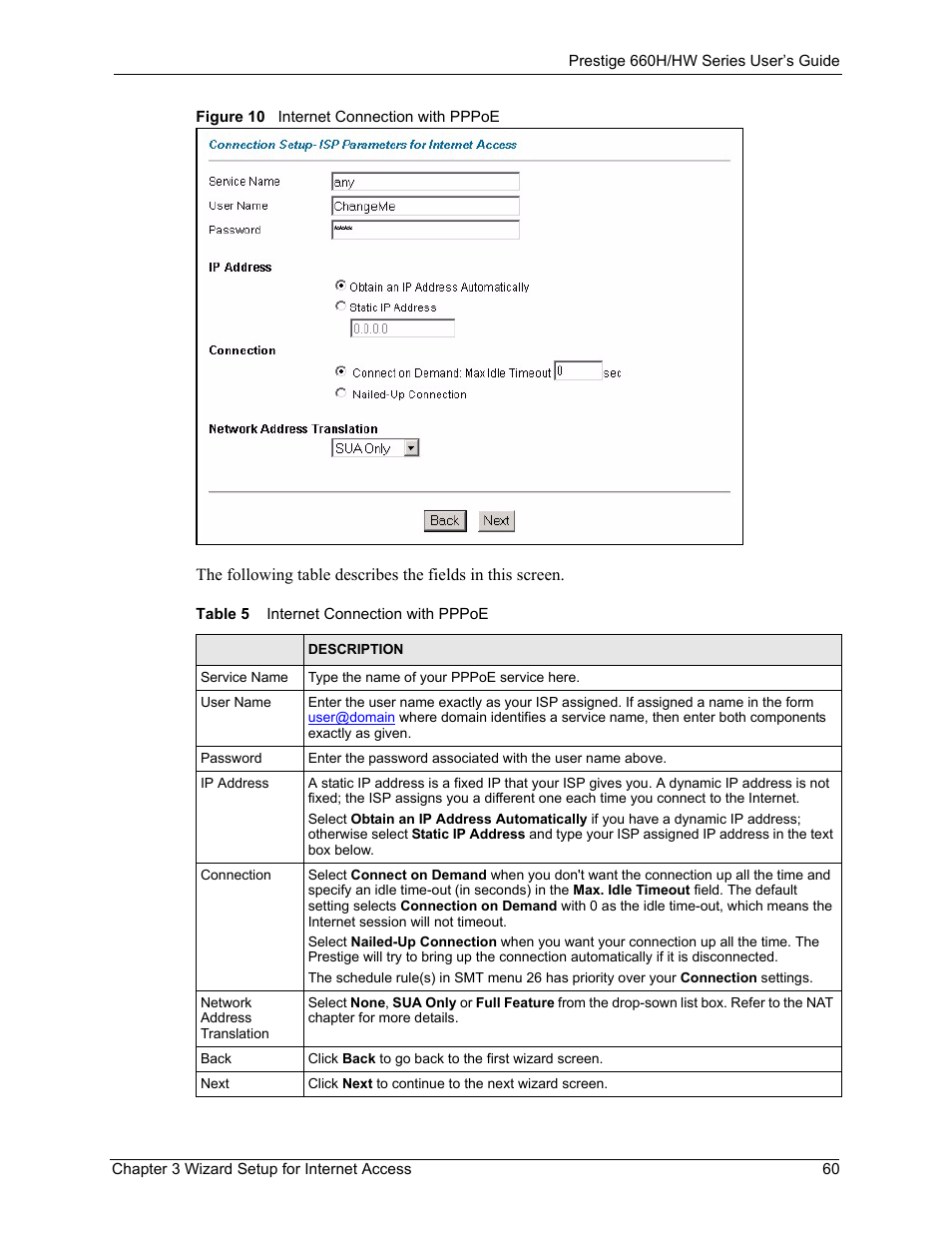 Figure 10 internet connection with pppoe, Table 5 internet connection with pppoe | ZyXEL Communications 660HW Series User Manual | Page 61 / 460
