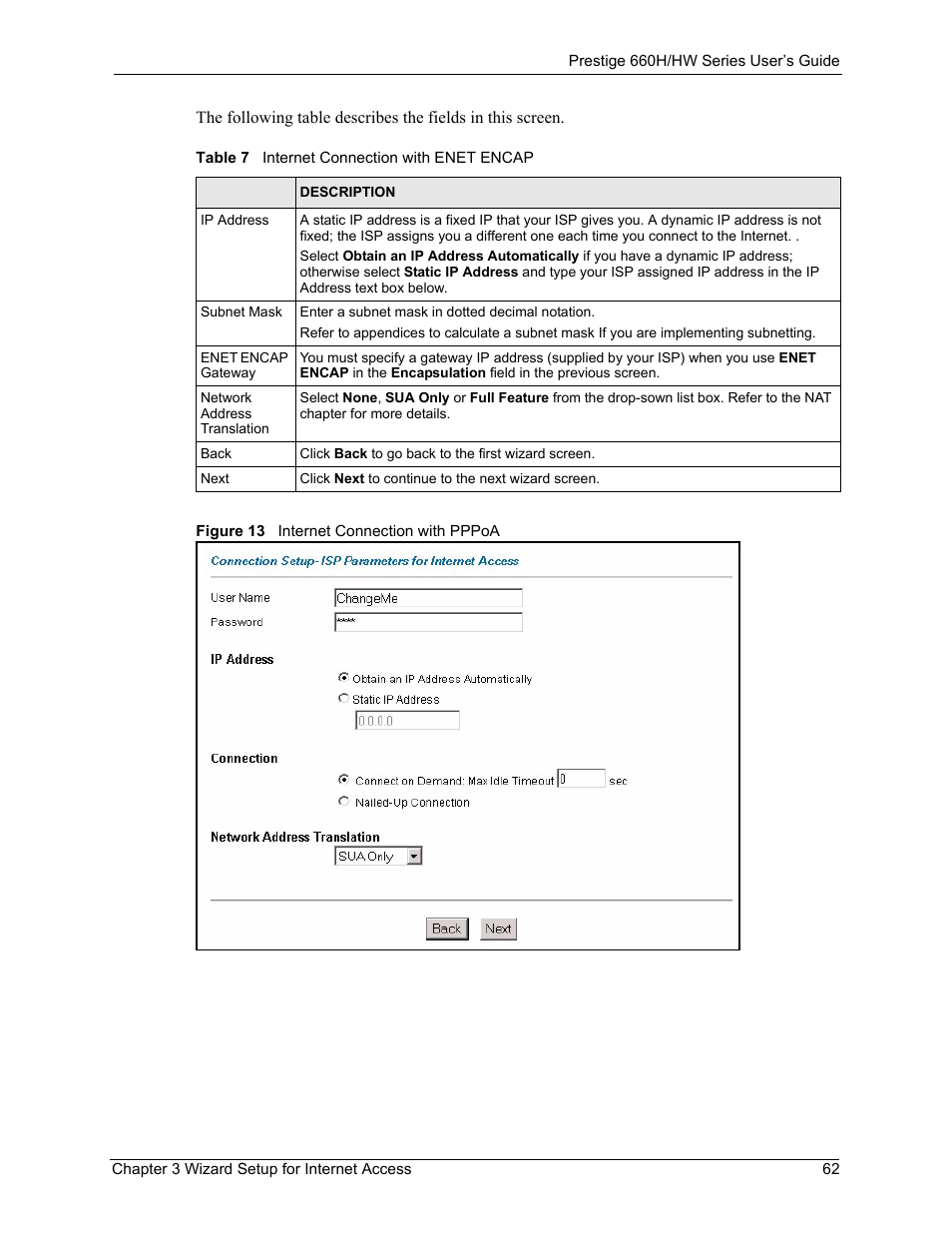 Figure 13 internet connection with pppoa, Table 7 internet connection with enet encap | ZyXEL Communications 660HW Series User Manual | Page 63 / 460