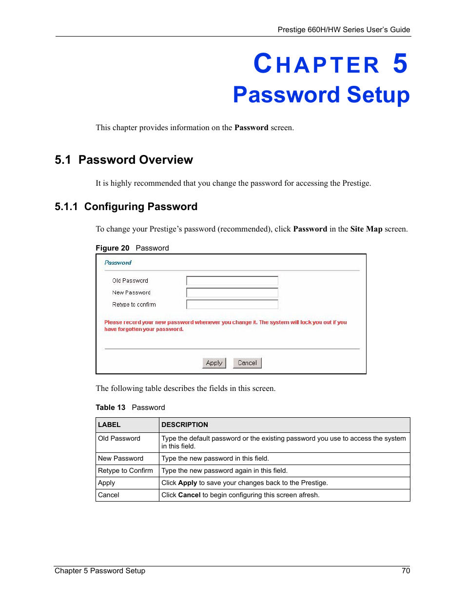 Password setup, 1 password overview, 1 configuring password | Chapter 5 password setup, Figure 20 password, Table 13 password | ZyXEL Communications 660HW Series User Manual | Page 71 / 460