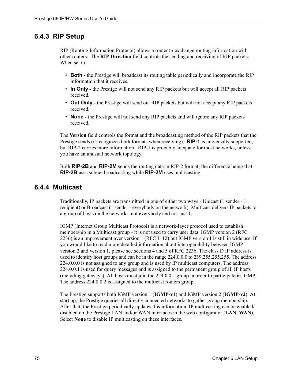 3 rip setup, 4 multicast, 3 rip setup 6.4.4 multicast | ZyXEL Communications 660HW Series User Manual | Page 76 / 460