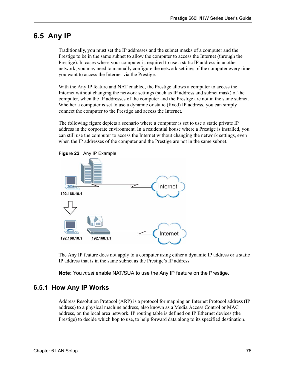 5 any ip, 1 how any ip works, Figure 22 any ip example | ZyXEL Communications 660HW Series User Manual | Page 77 / 460