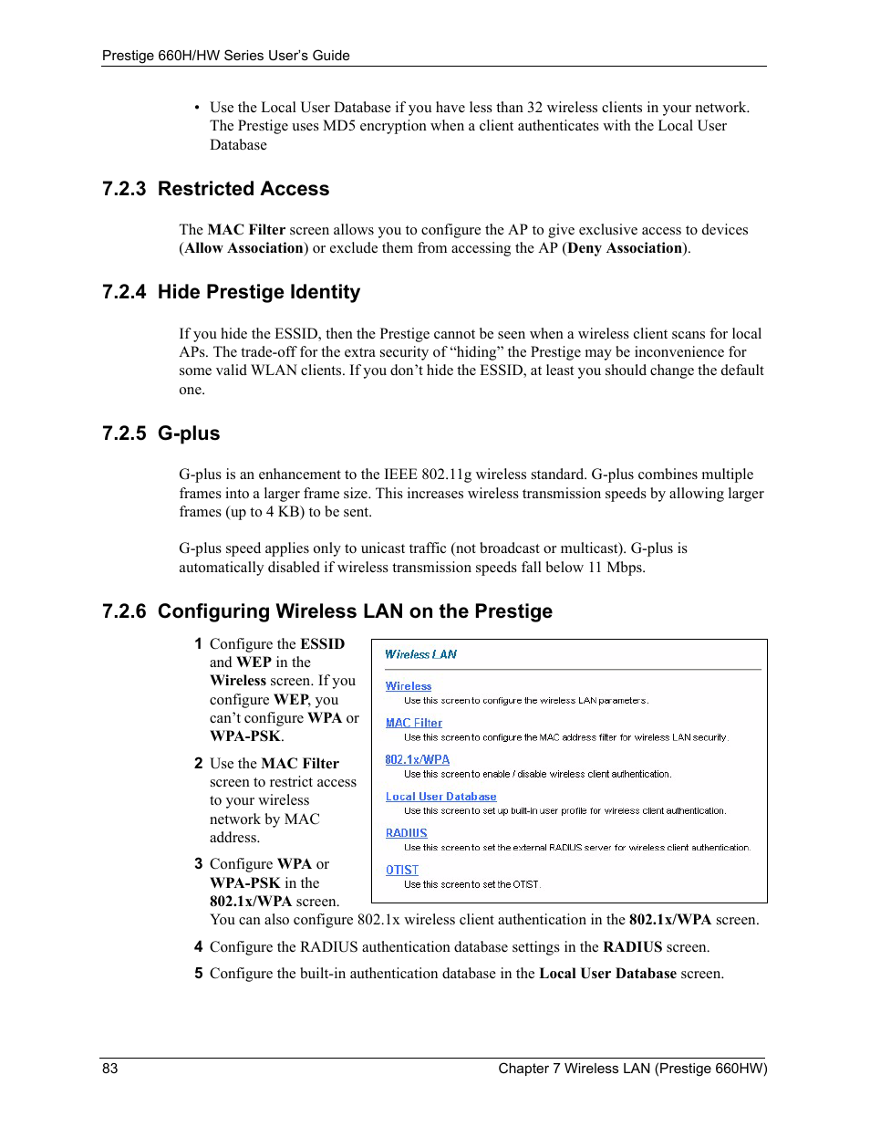 3 restricted access, 4 hide prestige identity, 5 g-plus | 6 configuring wireless lan on the prestige | ZyXEL Communications 660HW Series User Manual | Page 84 / 460