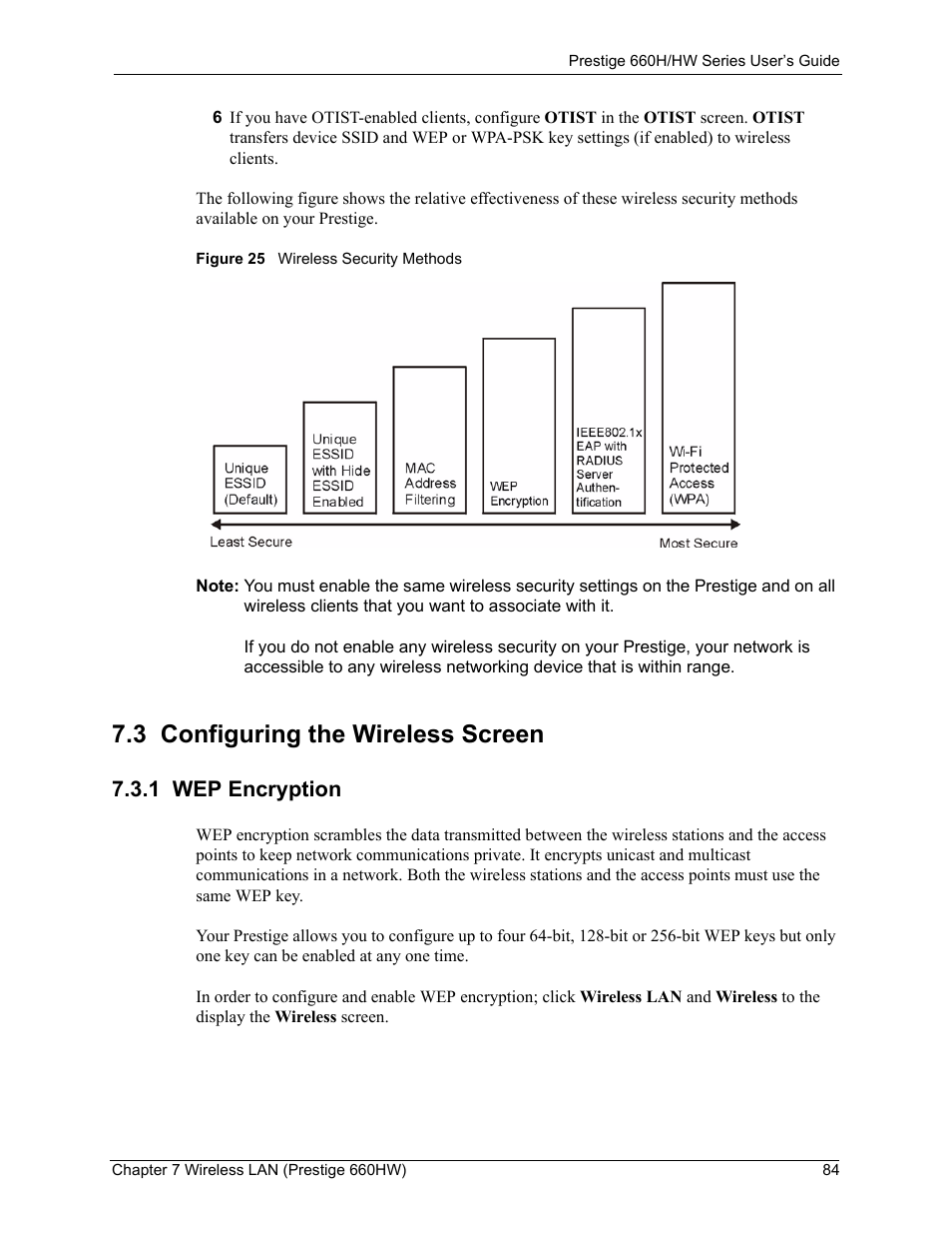 3 configuring the wireless screen, 1 wep encryption, Figure 25 wireless security methods | ZyXEL Communications 660HW Series User Manual | Page 85 / 460
