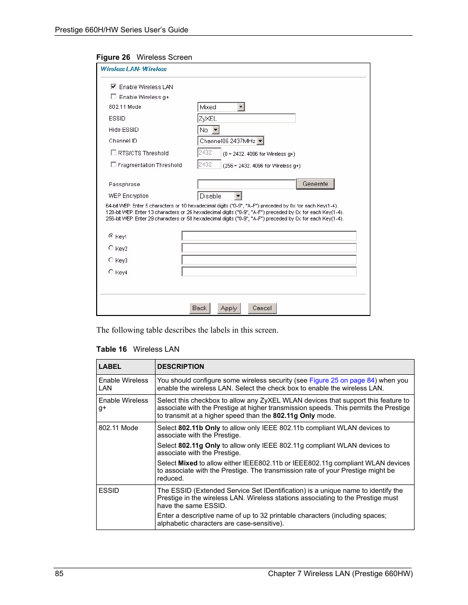 Figure 26 wireless screen, Table 16 wireless lan | ZyXEL Communications 660HW Series User Manual | Page 86 / 460