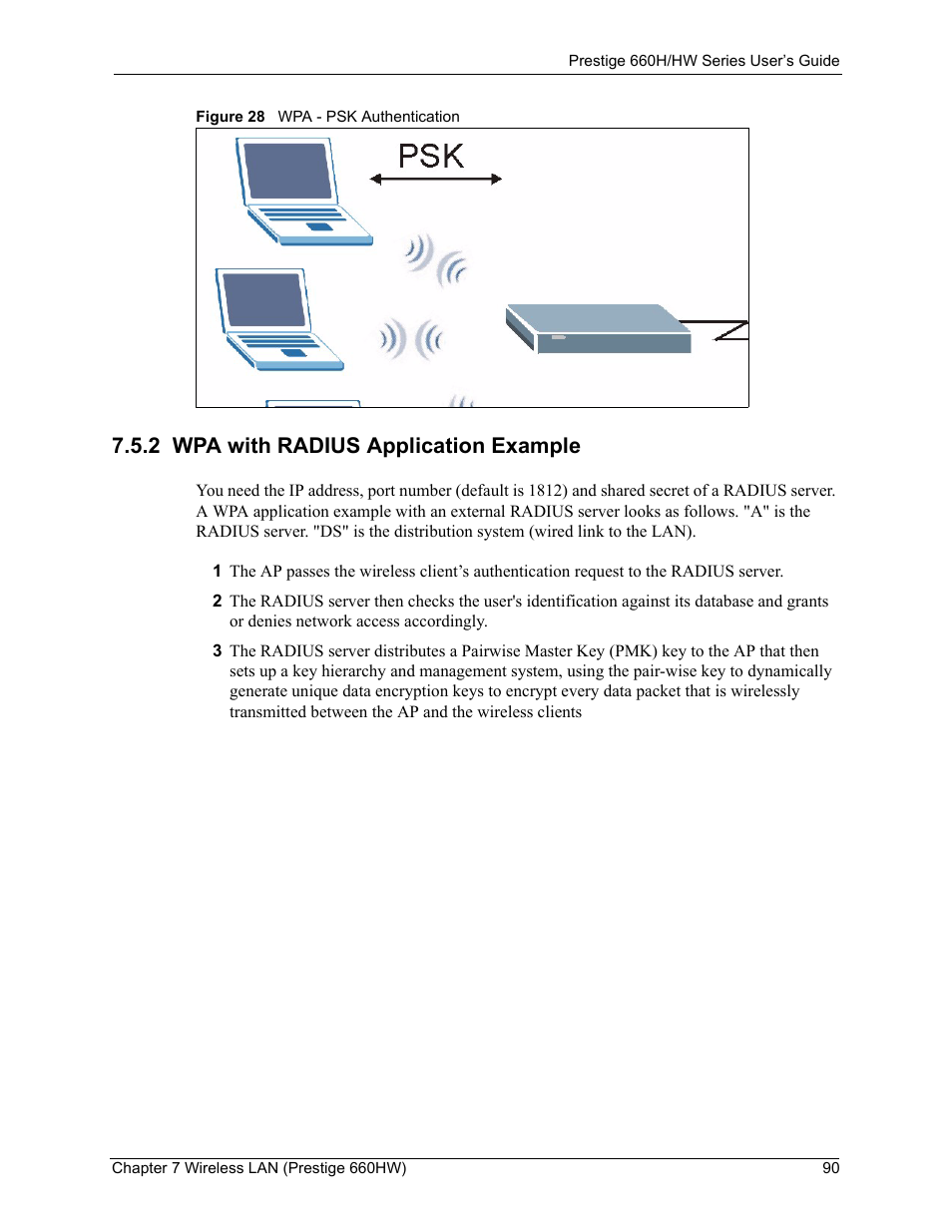 2 wpa with radius application example, Figure 28 wpa - psk authentication | ZyXEL Communications 660HW Series User Manual | Page 91 / 460