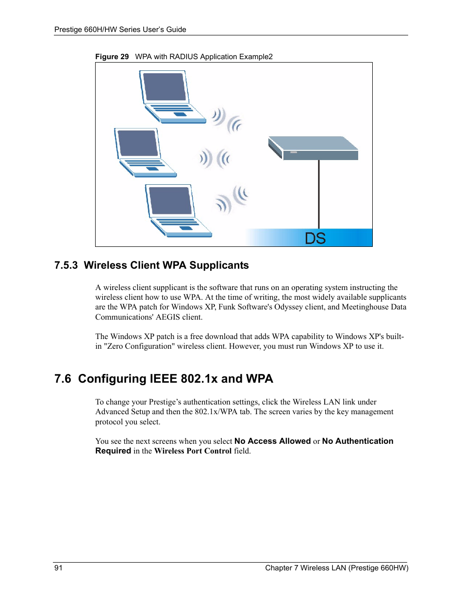 3 wireless client wpa supplicants, 6 configuring ieee 802.1x and wpa, Figure 29 wpa with radius application example2 | ZyXEL Communications 660HW Series User Manual | Page 92 / 460