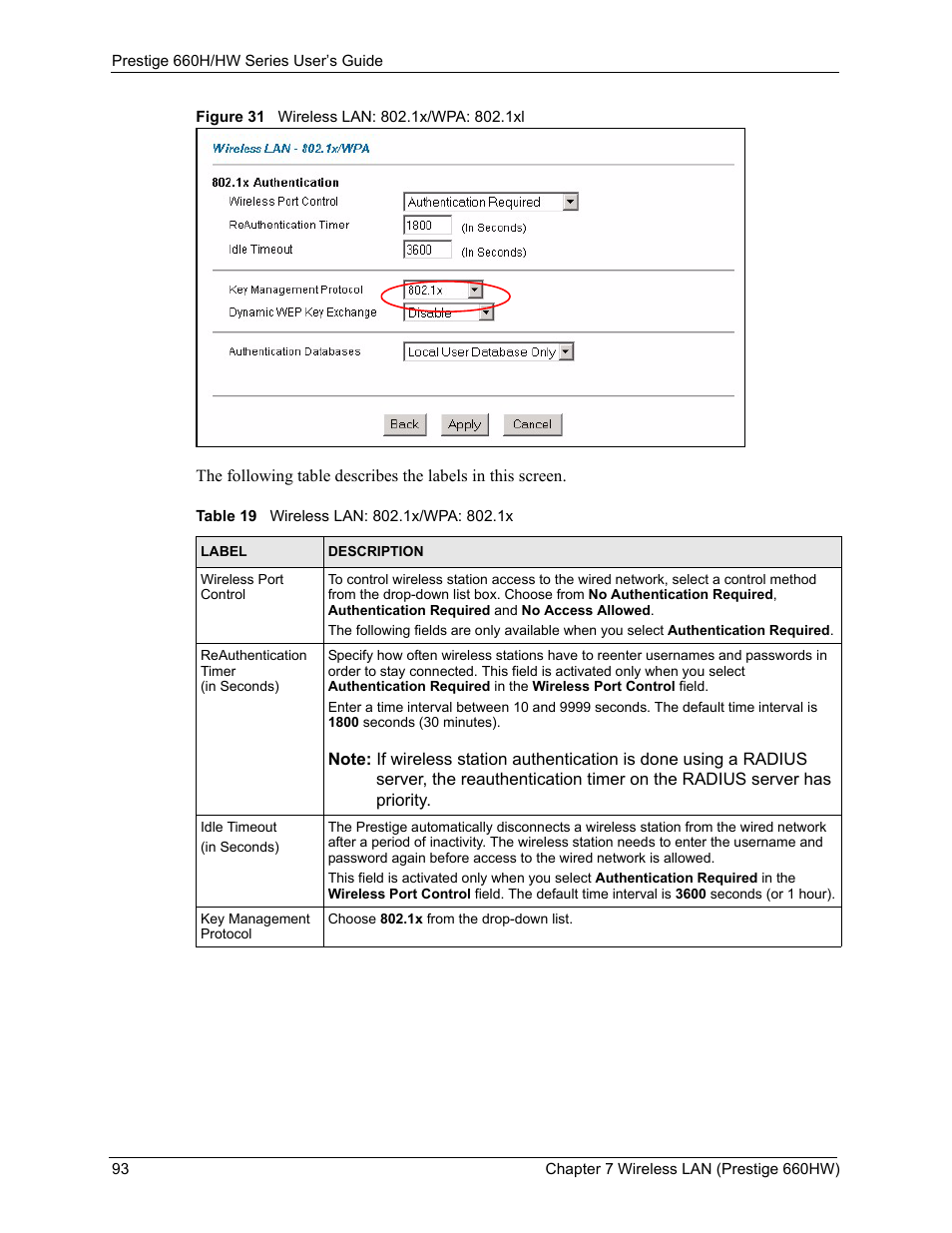 Figure 31 wireless lan: 802.1x/wpa: 802.1xl, Table 19 wireless lan: 802.1x/wpa: 802.1x | ZyXEL Communications 660HW Series User Manual | Page 94 / 460