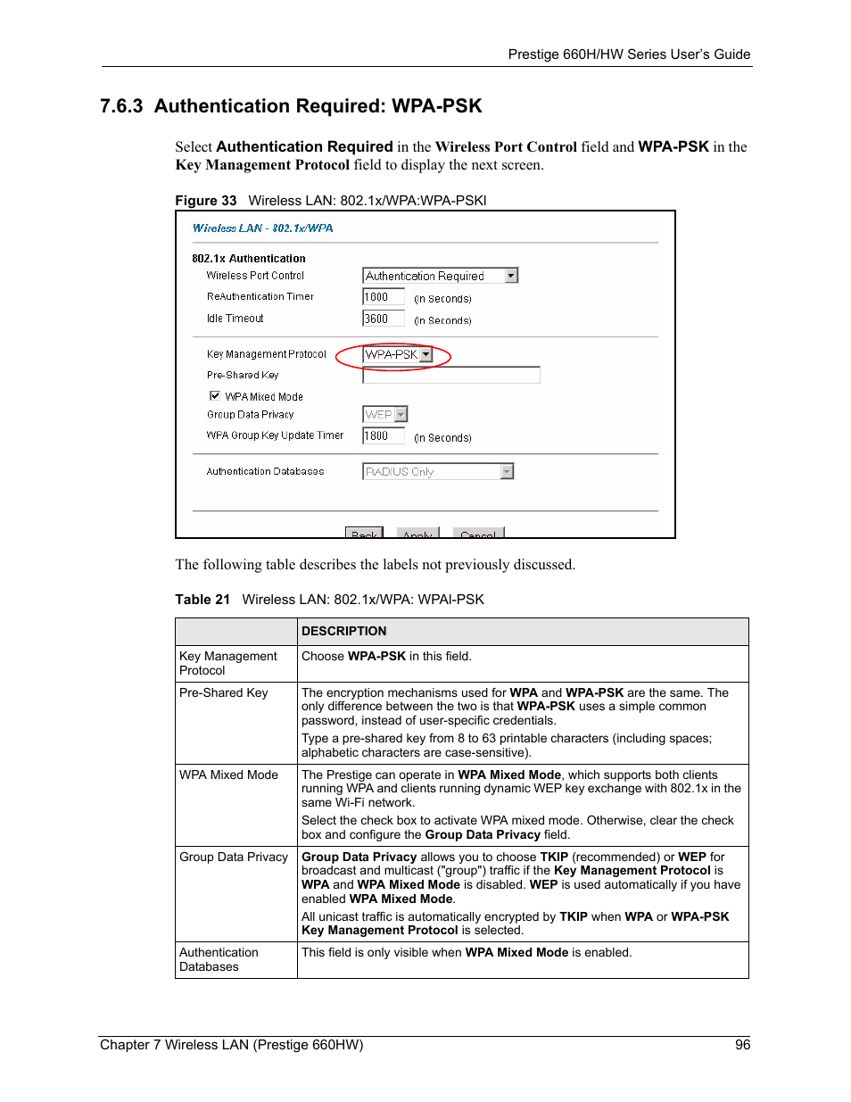 3 authentication required: wpa-psk, Figure 33 wireless lan: 802.1x/wpa:wpa-pskl, Table 21 wireless lan: 802.1x/wpa: wpal-psk | ZyXEL Communications 660HW Series User Manual | Page 97 / 460