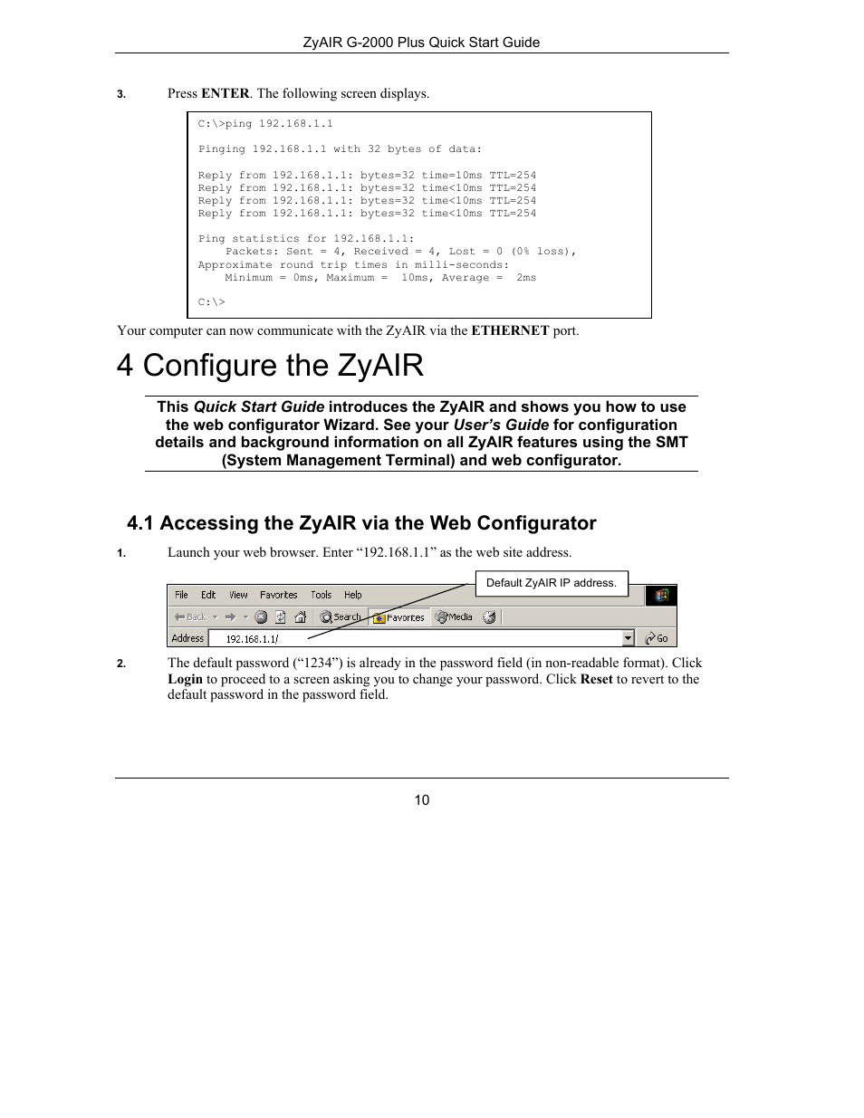 4 configure the zyair, 1 accessing the zyair via the web configurator | ZyXEL Communications Bridge/Router G-2000s User Manual | Page 10 / 22