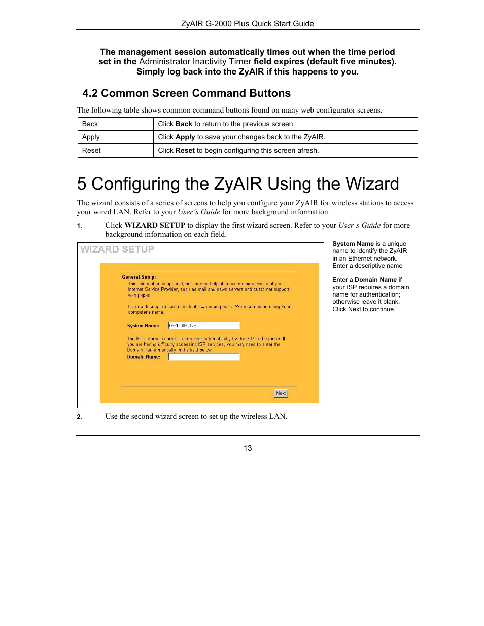 5 configuring the zyair using the wizard, 2 common screen command buttons | ZyXEL Communications Bridge/Router G-2000s User Manual | Page 13 / 22