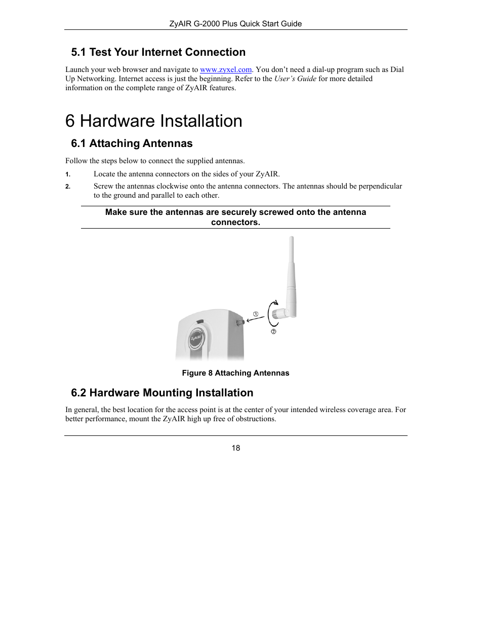 6 hardware installation, 1 test your internet connection, 1 attaching antennas | 2 hardware mounting installation | ZyXEL Communications Bridge/Router G-2000s User Manual | Page 18 / 22