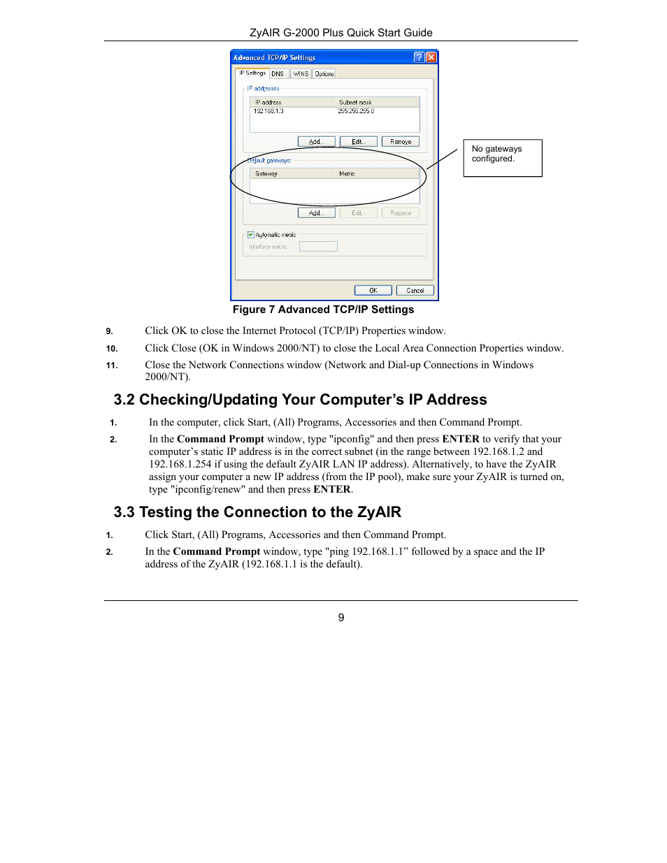 2 checking/updating your computer’s ip address, 3 testing the connection to the zyair | ZyXEL Communications Bridge/Router G-2000s User Manual | Page 9 / 22