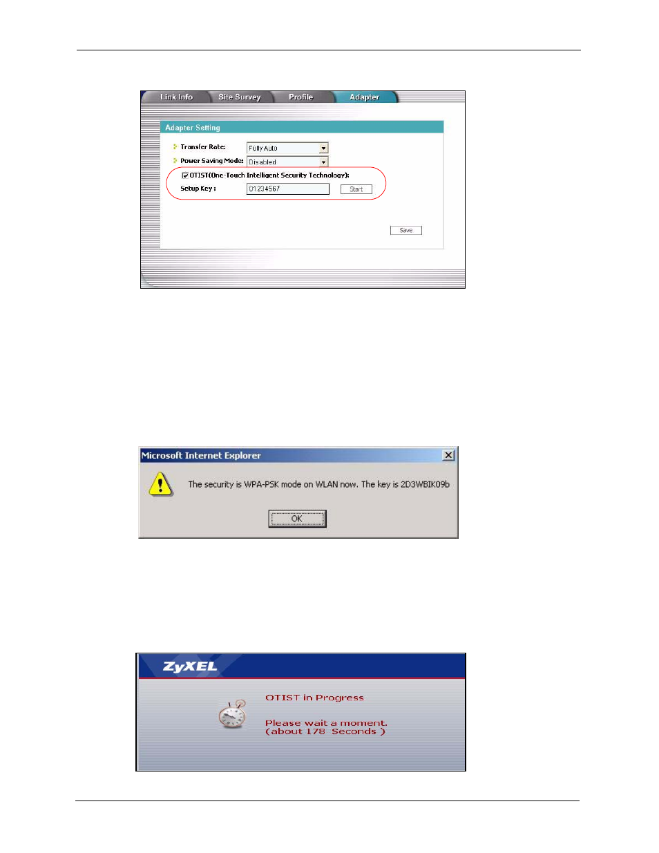 Figure 45 example: wireless client otist screen, Figure 46 otist: settings, Figure 47 otist: in progress on the zyxel device | ZyXEL Communications P-2302HWL-P1 Series User Manual | Page 100 / 337