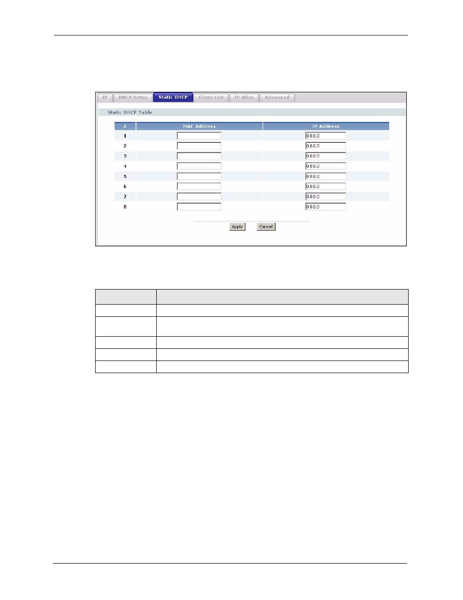 4 lan client list screen, Figure 60 network > lan > static dhcp, Table 50 network > lan > static dhcp | ZyXEL Communications P-2302HWL-P1 Series User Manual | Page 124 / 337