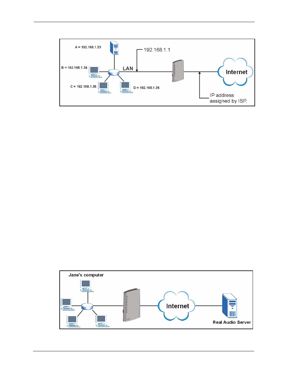 2 trigger port forwarding, 1 trigger port forwarding example, Figure 64 multiple servers behind nat example | Figure 65 trigger port forwarding process: example | ZyXEL Communications P-2302HWL-P1 Series User Manual | Page 132 / 337