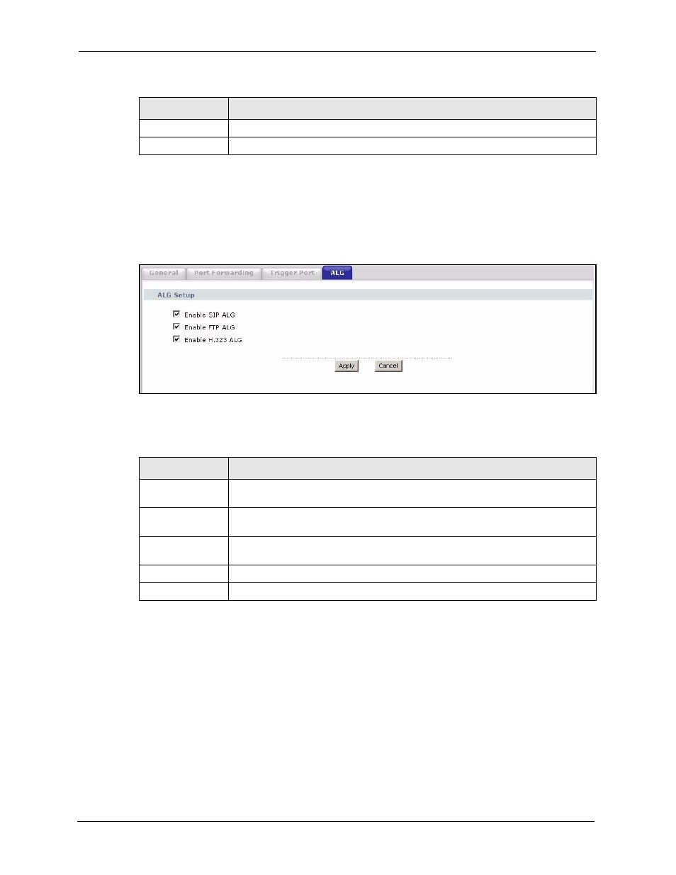 5 nat alg screen, Figure 70 network > nat > alg, Table 58 network > nat > alg | ZyXEL Communications P-2302HWL-P1 Series User Manual | Page 138 / 337