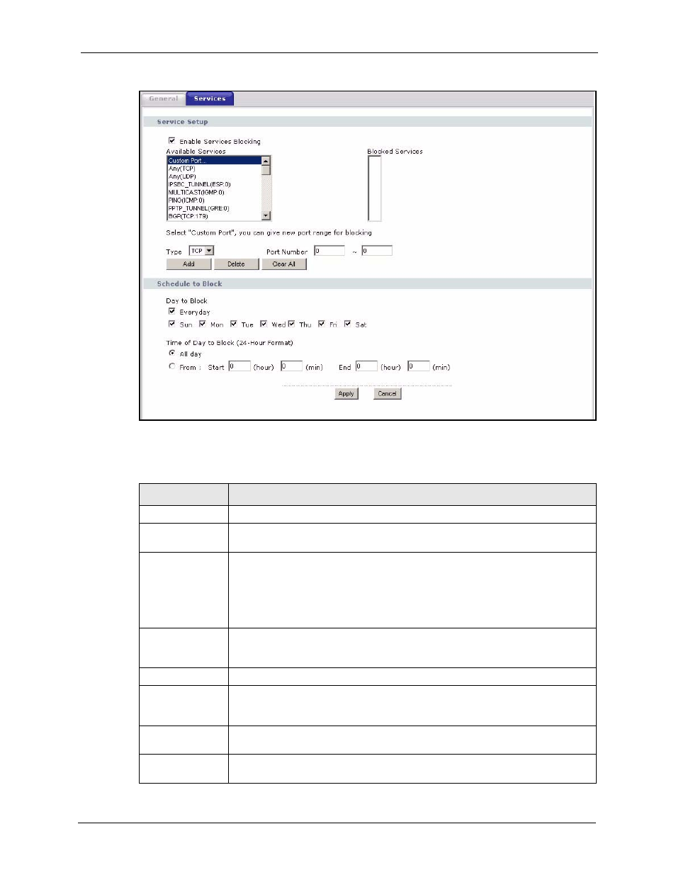 Figure 107 security > firewall > services, Table 80 security > firewall > services | ZyXEL Communications P-2302HWL-P1 Series User Manual | Page 195 / 337
