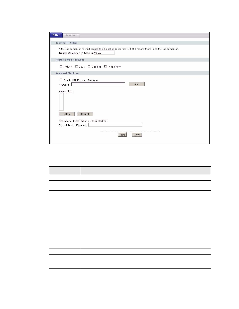 Figure 108 security > content filter > filter, Table 81 security > content filter > filter | ZyXEL Communications P-2302HWL-P1 Series User Manual | Page 198 / 337