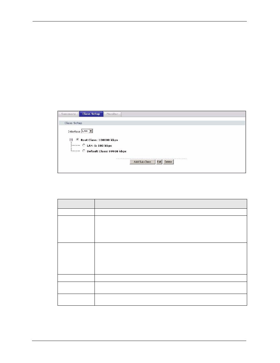 2 bandwidth class setup screen, Table 92 management > bandwidth mgmt > class setup, E the | Bandwidth class setup screen, Bandwidth class setup, Screen | ZyXEL Communications P-2302HWL-P1 Series User Manual | Page 214 / 337