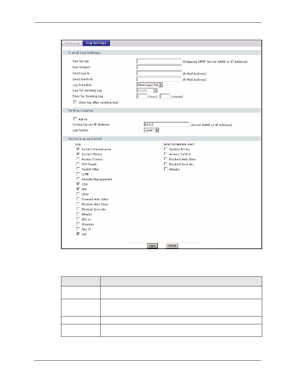 Figure 144 maintenance > logs > log settings, Table 109 maintenance > logs > log settings | ZyXEL Communications P-2302HWL-P1 Series User Manual | Page 254 / 337