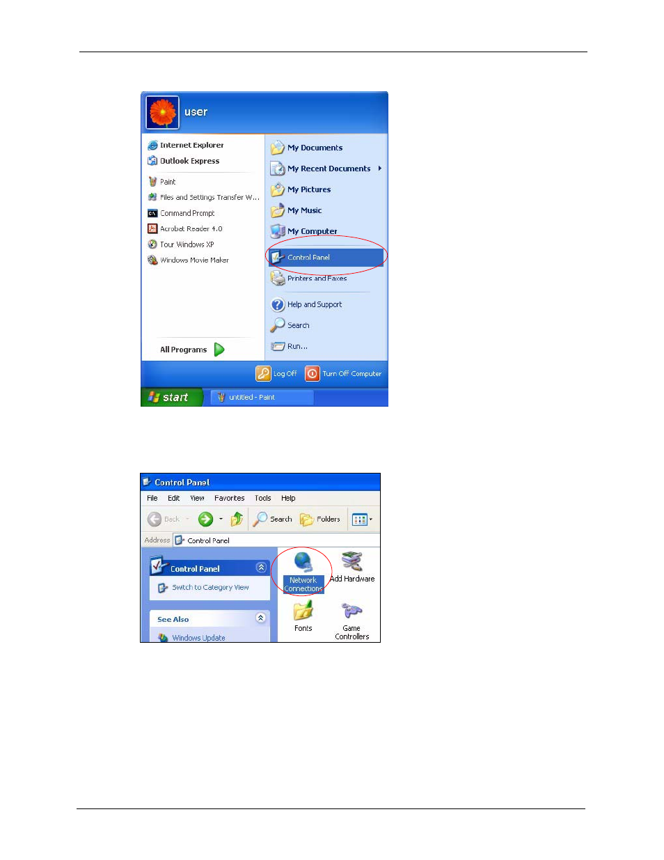 Figure 168 windows xp: start menu, Figure 169 windows xp: control panel | ZyXEL Communications P-2302HWL-P1 Series User Manual | Page 291 / 337