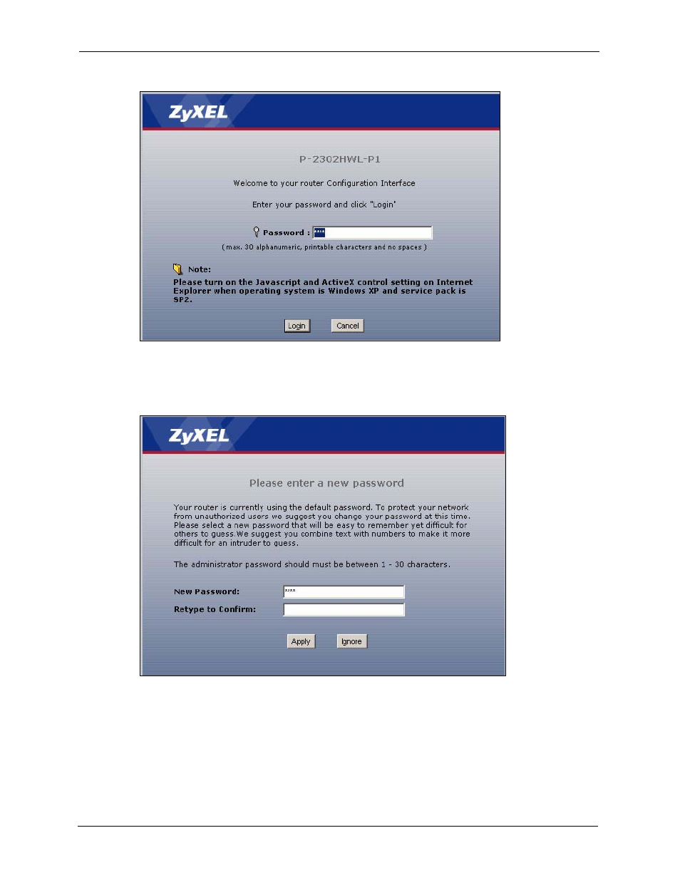 Figure 5 login screen, Figure 6 change password screen | ZyXEL Communications P-2302HWL-P1 Series User Manual | Page 44 / 337