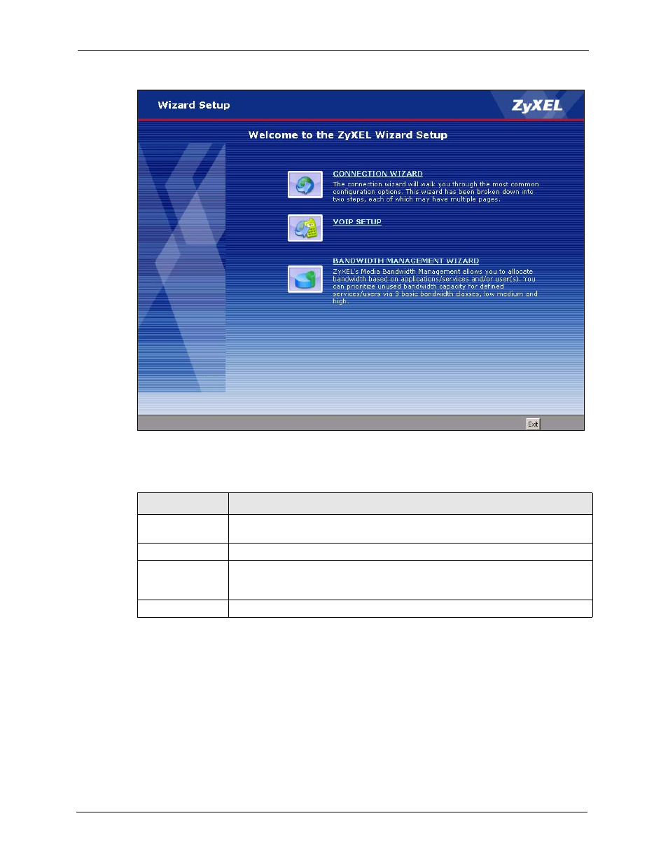 2 connection wizard, Figure 9 main wizard screen, Table 4 main wizard screen | ZyXEL Communications P-2302HWL-P1 Series User Manual | Page 52 / 337