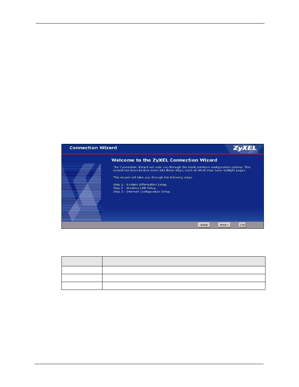 1 welcome, 2 system information, Figure 10 connection wizard > welcome | Table 5 connection wizard > welcome | ZyXEL Communications P-2302HWL-P1 Series User Manual | Page 53 / 337