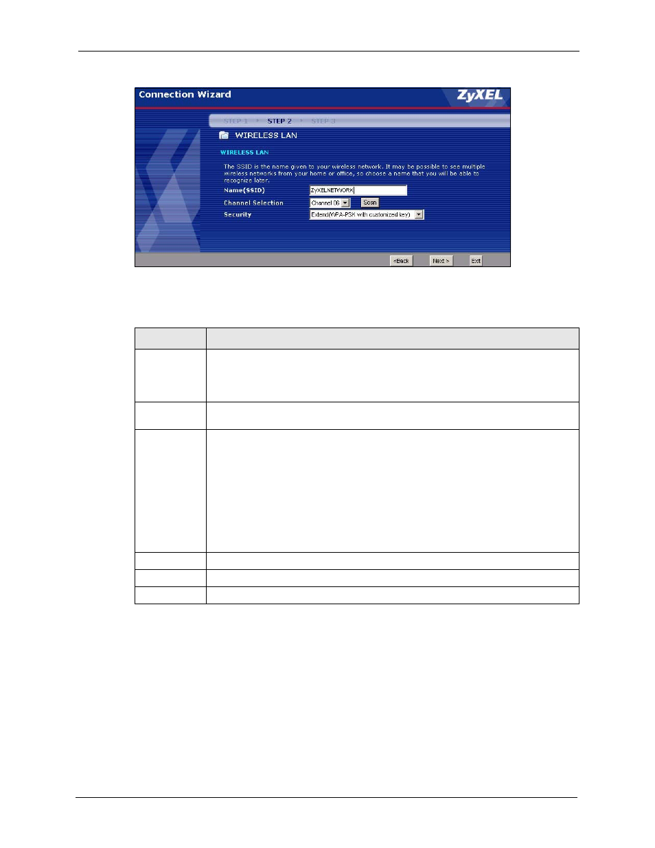 2 manually assign a wpa or wpa2 key, Figure 12 wireless lan, Table 7 wireless lan setup wizard 2 | ZyXEL Communications P-2302HWL-P1 Series User Manual | Page 55 / 337