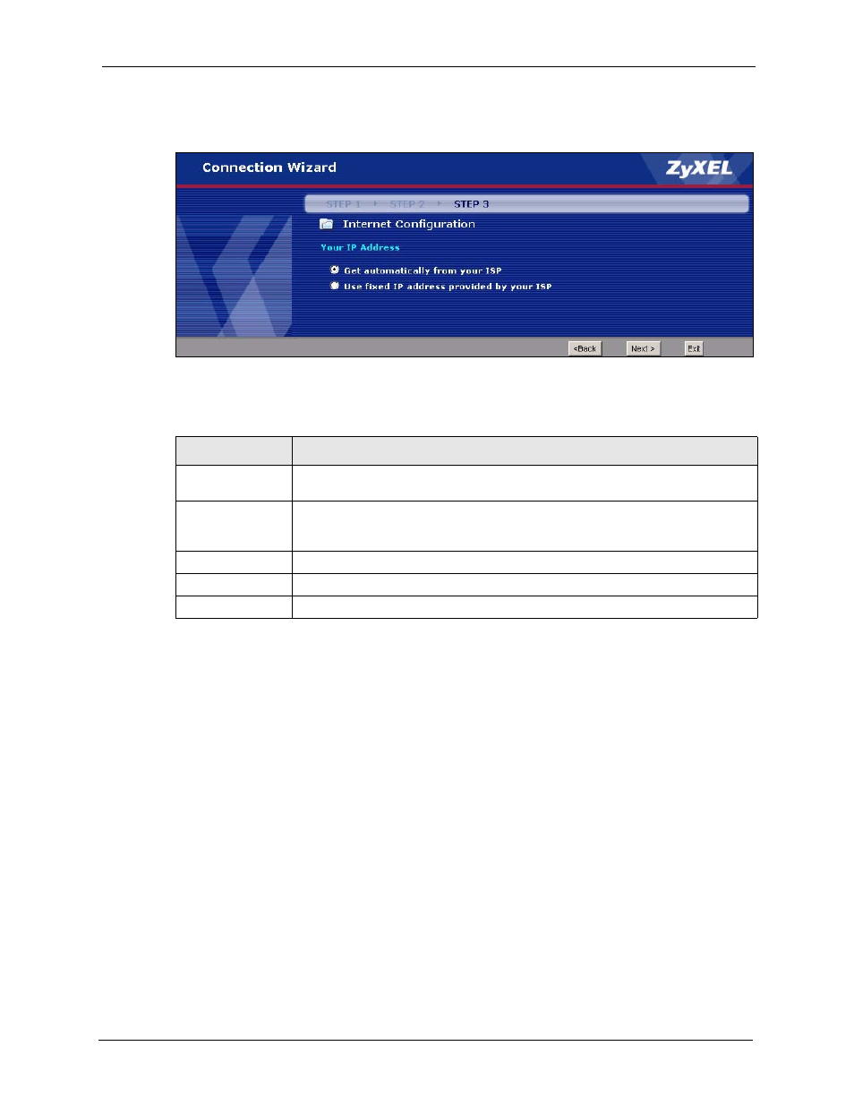 5 your ip address, 6 wan ip address assignment, Figure 18 connection wizard > ip address | Table 13 connection wizard > ip address | ZyXEL Communications P-2302HWL-P1 Series User Manual | Page 61 / 337