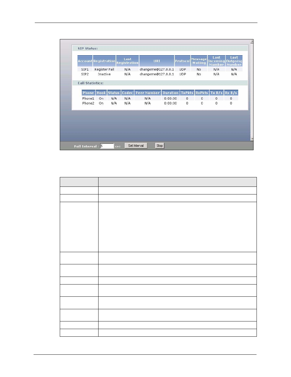 Figure 35 voip statistics window, Table 29 voip statistics window | ZyXEL Communications P-2302HWL-P1 Series User Manual | Page 83 / 337