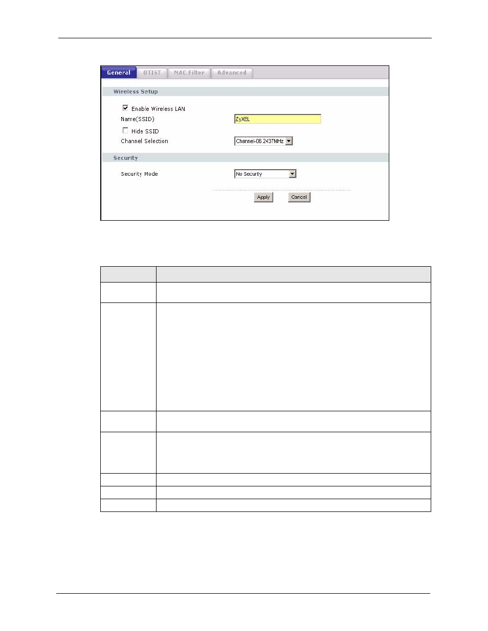 1 no security, Figure 39 wireless lan: general, Table 34 wireless lan: general | ZyXEL Communications P-2302HWL-P1 Series User Manual | Page 93 / 337