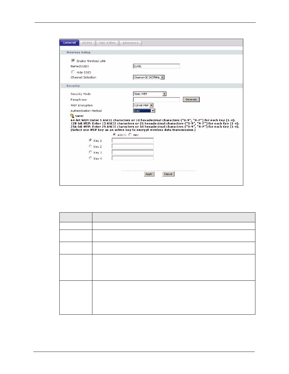 Figure 41 wireless: static wep encryption, Table 36 wireless: static wep encryption | ZyXEL Communications P-2302HWL-P1 Series User Manual | Page 95 / 337