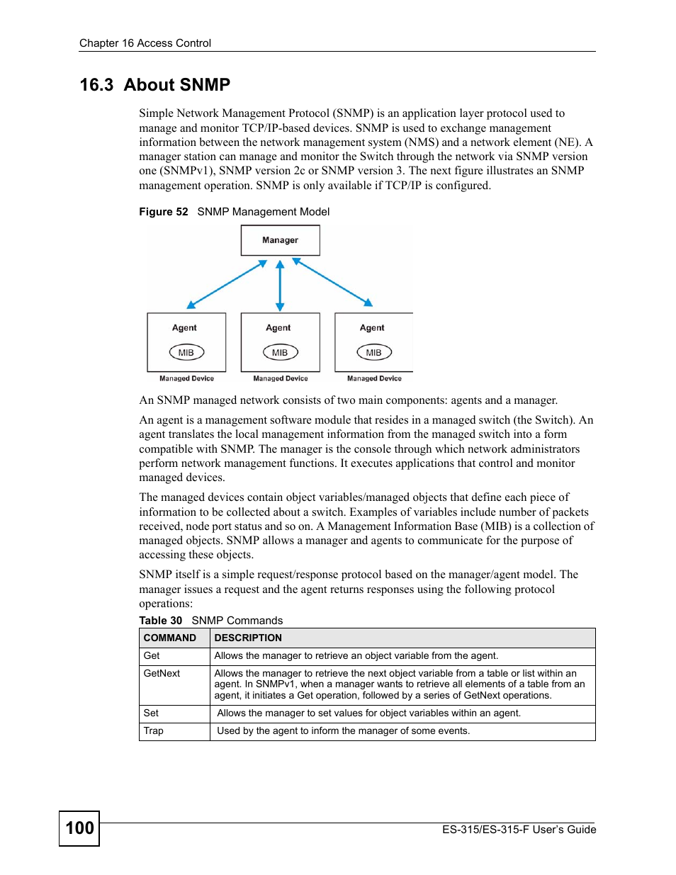 3 about snmp, Figure 52 snmp management model, Table 30 snmp commands | ZyXEL Communications ES-315 User Manual | Page 100 / 166