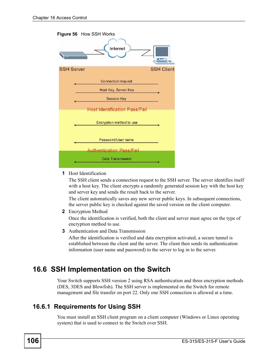 6 ssh implementation on the switch, 1 requirements for using ssh, Figure 56 how ssh works | ZyXEL Communications ES-315 User Manual | Page 106 / 166