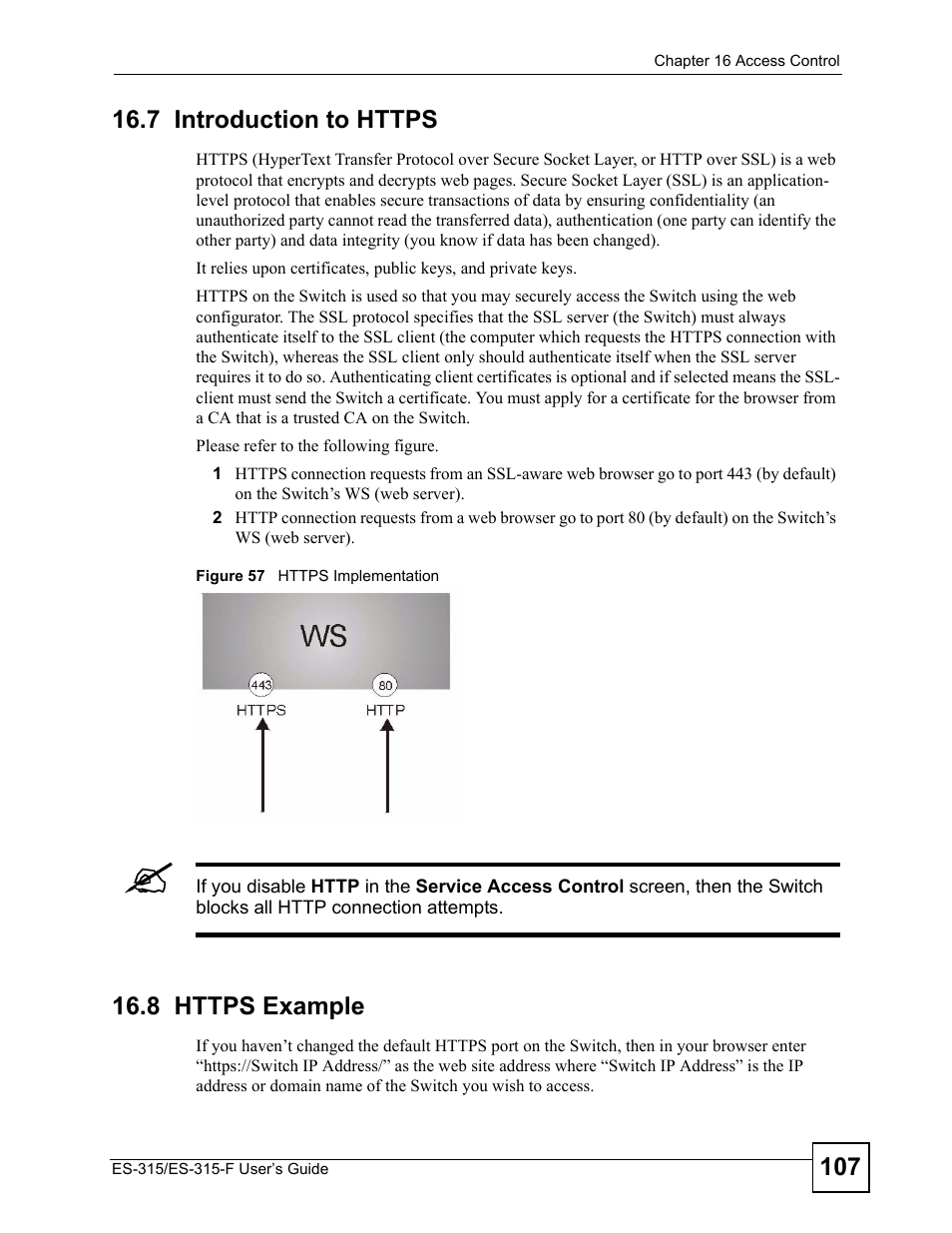 7 introduction to https, 8 https example, 7 introduction to https 16.8 https example | Figure 57 https implementation | ZyXEL Communications ES-315 User Manual | Page 107 / 166