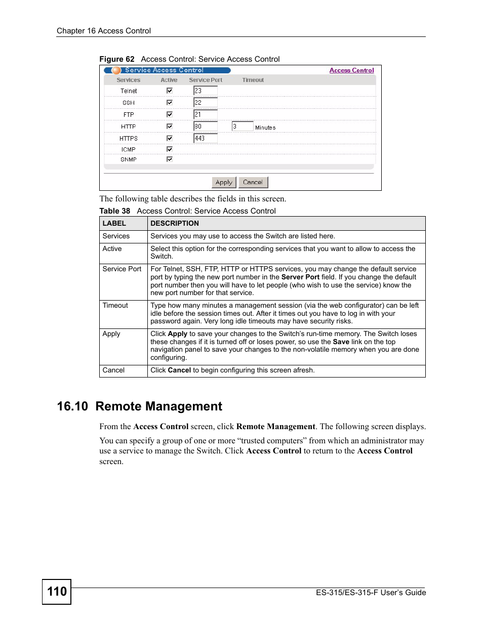 10 remote management, Figure 62 access control: service access control, Table 38 access control: service access control | ZyXEL Communications ES-315 User Manual | Page 110 / 166