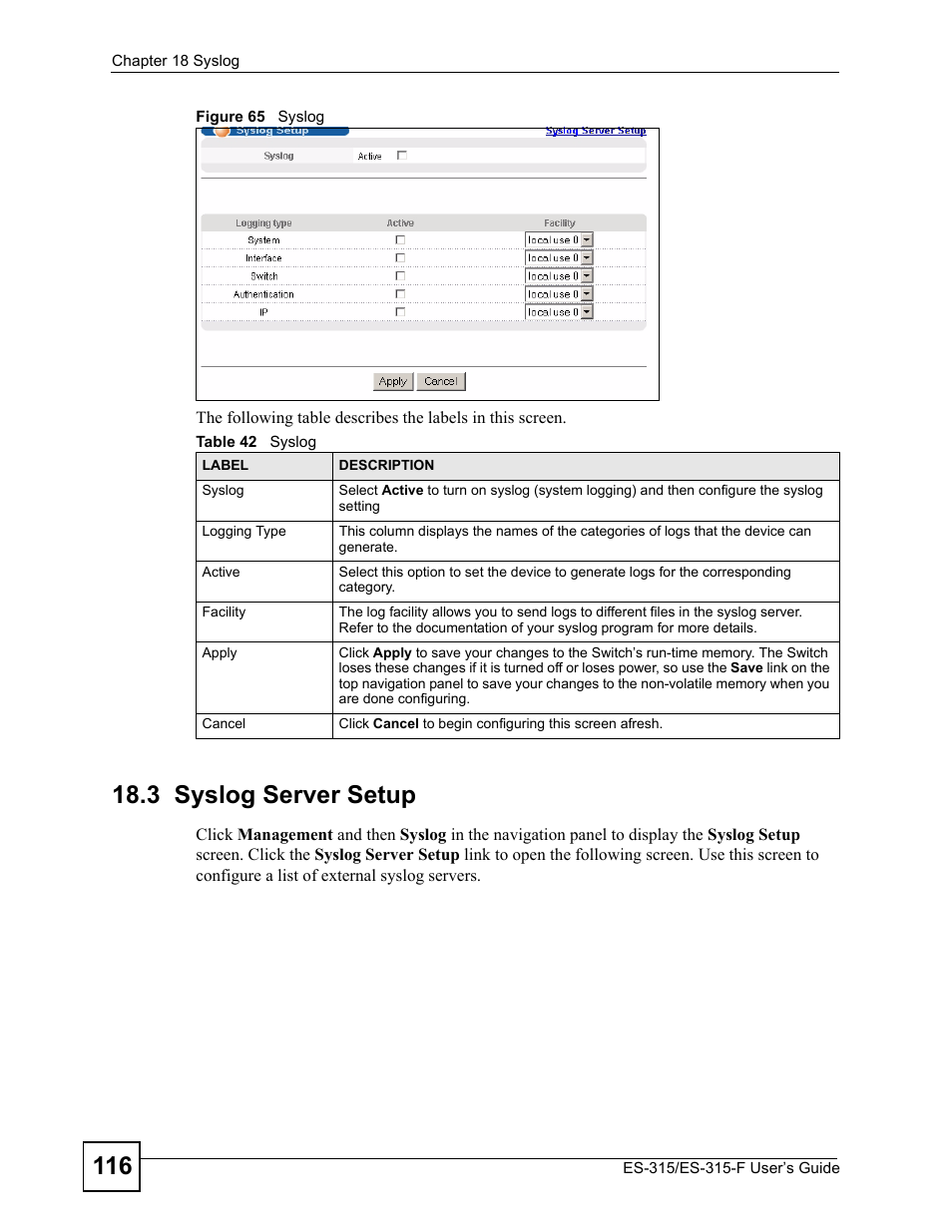 3 syslog server setup, Figure 65 syslog, Table 42 syslog | ZyXEL Communications ES-315 User Manual | Page 116 / 166