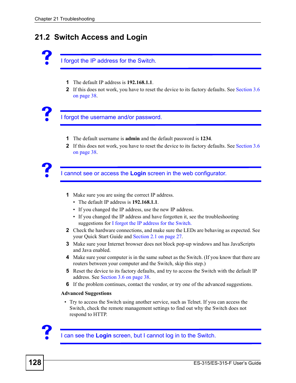 2 switch access and login, Switch access and login | ZyXEL Communications ES-315 User Manual | Page 128 / 166