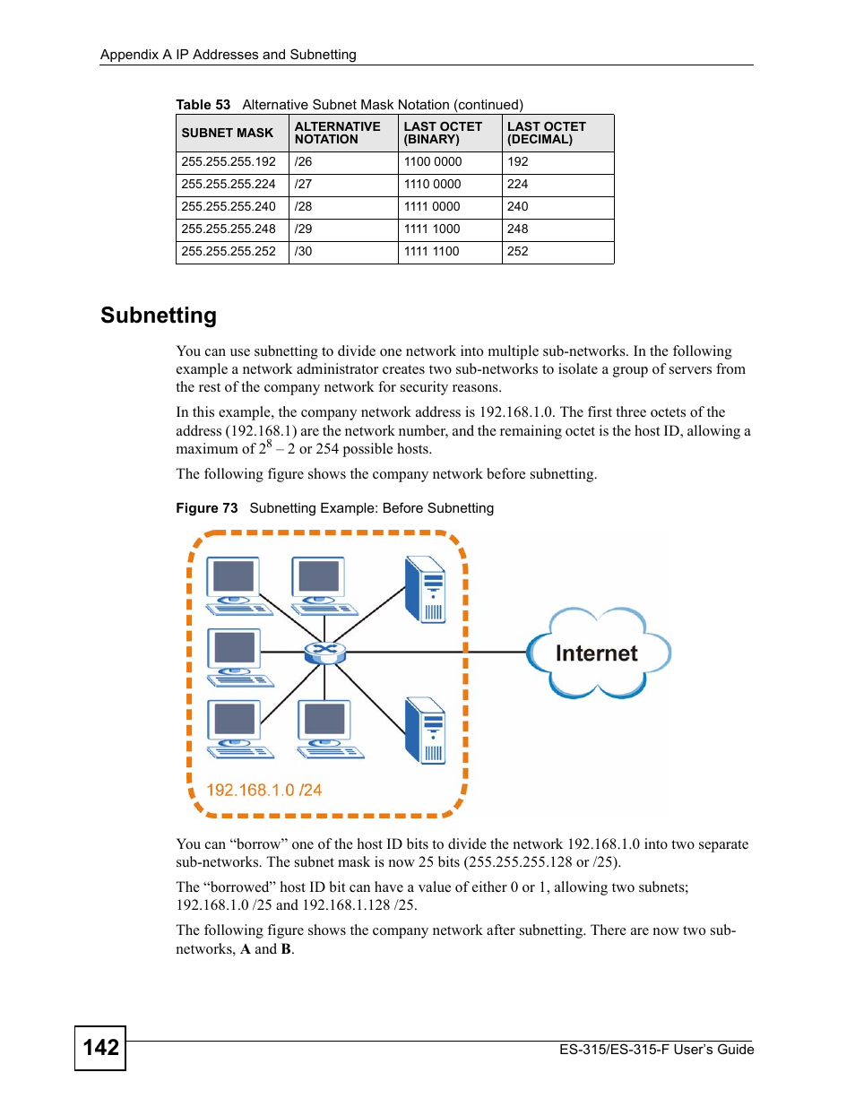 Figure 73 subnetting example: before subnetting, 142 subnetting | ZyXEL Communications ES-315 User Manual | Page 142 / 166