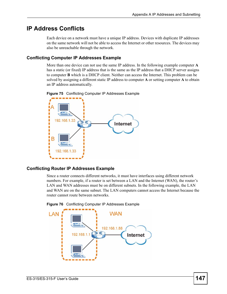 147 ip address conflicts | ZyXEL Communications ES-315 User Manual | Page 147 / 166