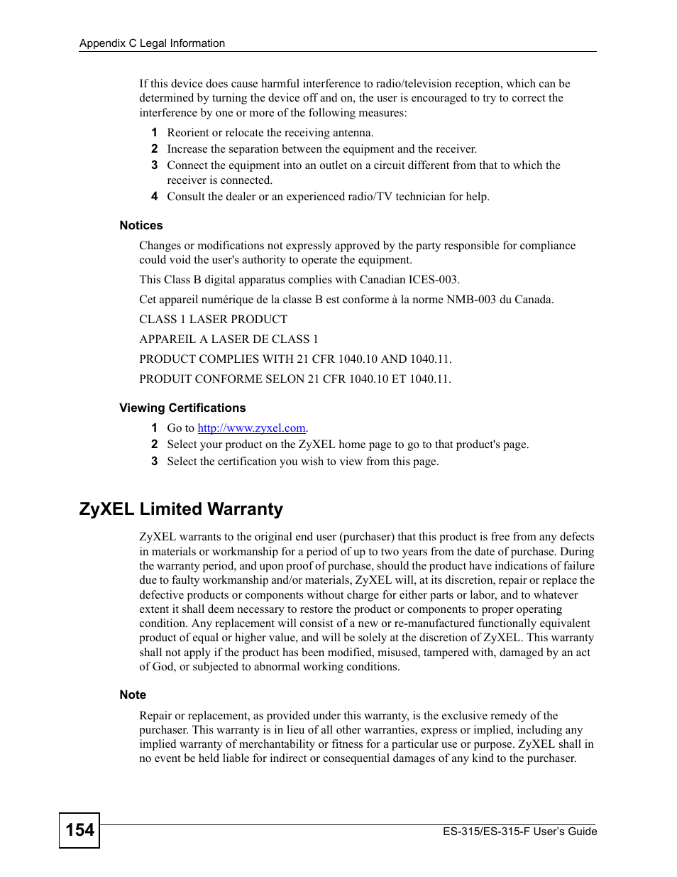 Zyxel limited warranty | ZyXEL Communications ES-315 User Manual | Page 154 / 166